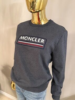 Moncler Charcoal Gray Logo Crewneck Sweatshirt with Red & White Stripe